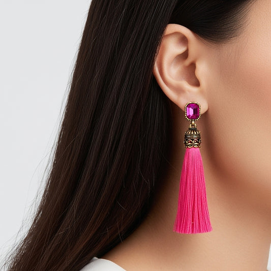 Long Tassels and Gemstones Earrings