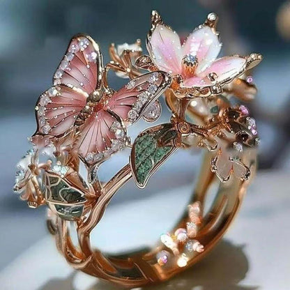 Butterfly Floral Ring With Rhinestones And Feather