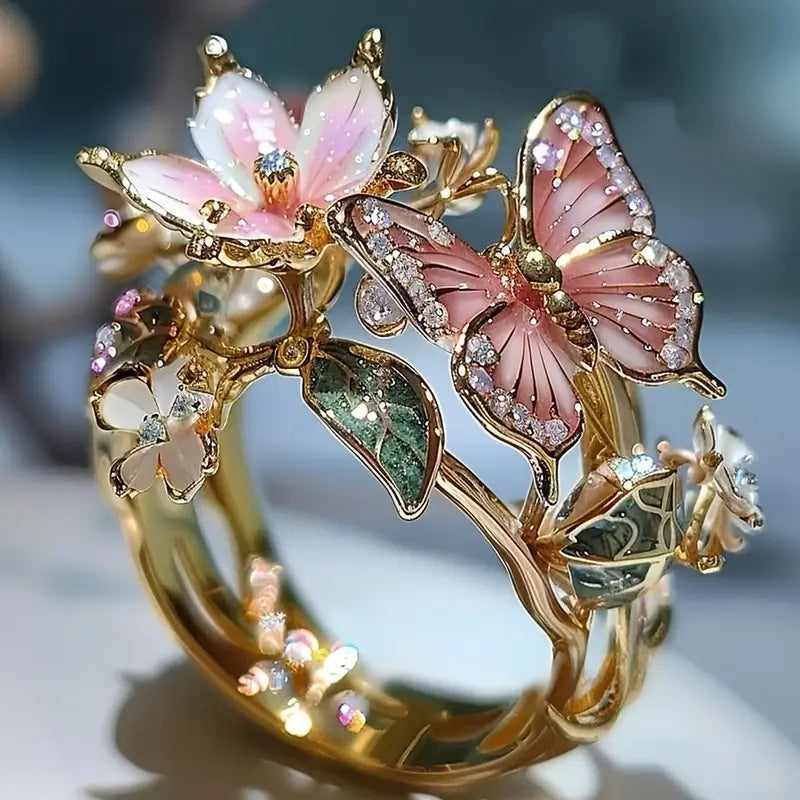 Butterfly Floral Ring With Rhinestones And Feather