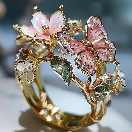 Butterfly Floral Ring With Rhinestones And Feather