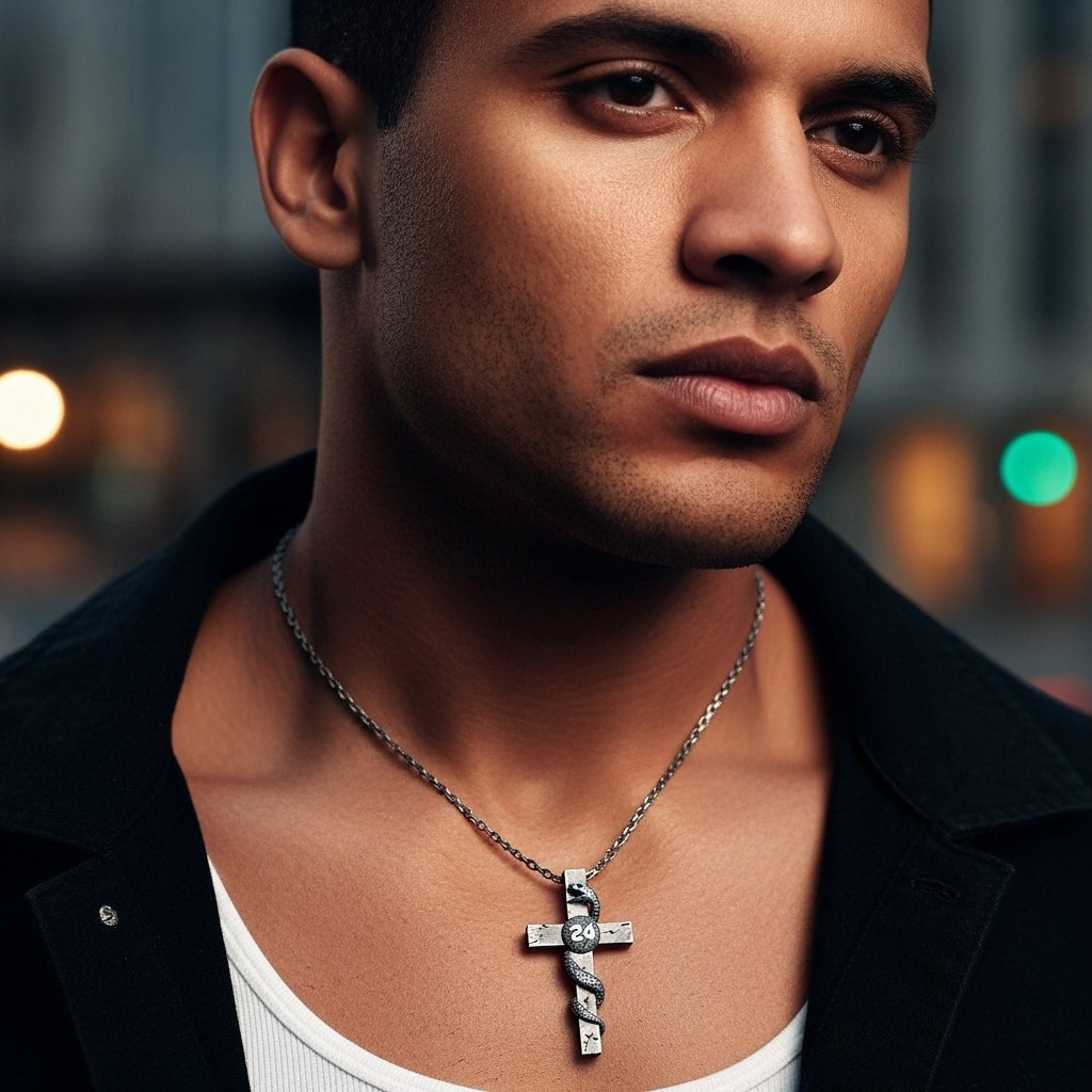 Collar de cruz y serpiente de plata