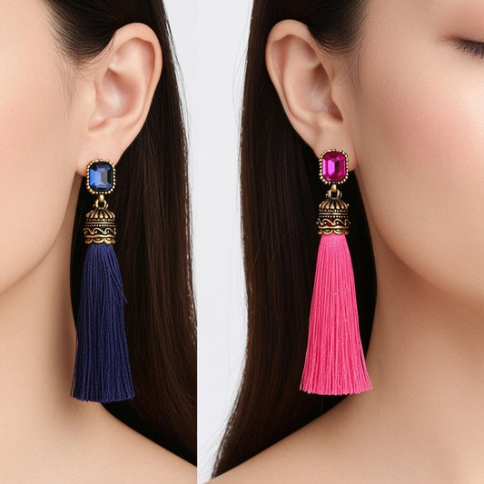 Long Tassels and Gemstones Earrings