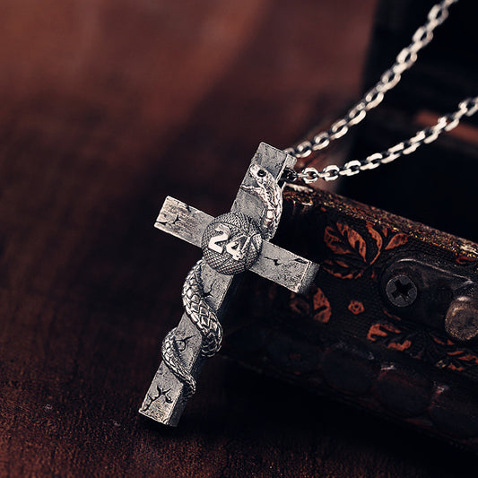 Silver Cross and Snake Necklace