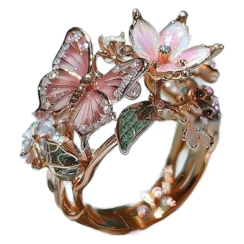 Butterfly Floral Ring With Rhinestones And Feather