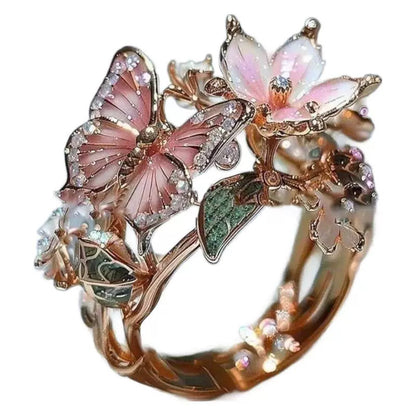 Butterfly Floral Ring With Rhinestones And Feather