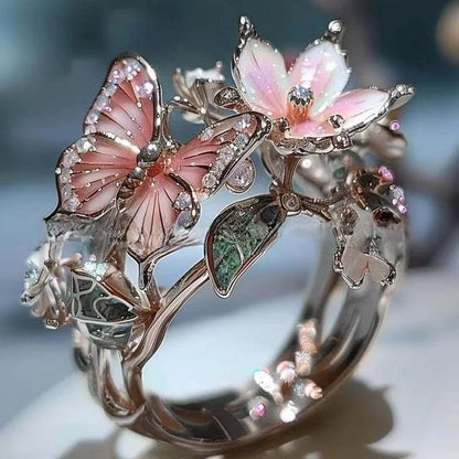 Butterfly Floral Ring With Rhinestones And Feather