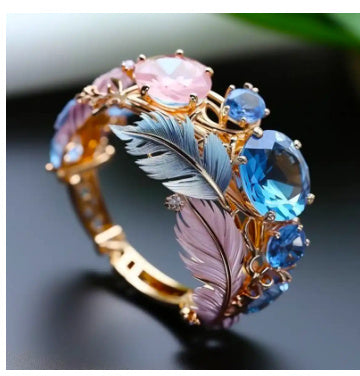 Butterfly Floral Ring With Rhinestones And Feather